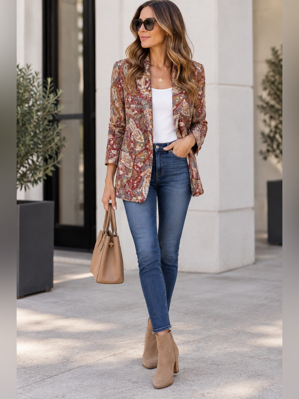 NWT Zara burgundy and tan feather paisley blazer size S